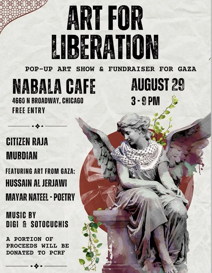 Art for Liberation flyer: pop-up art show and fundraiser for Gaza at Nabala Cafe, Chicago, August 29