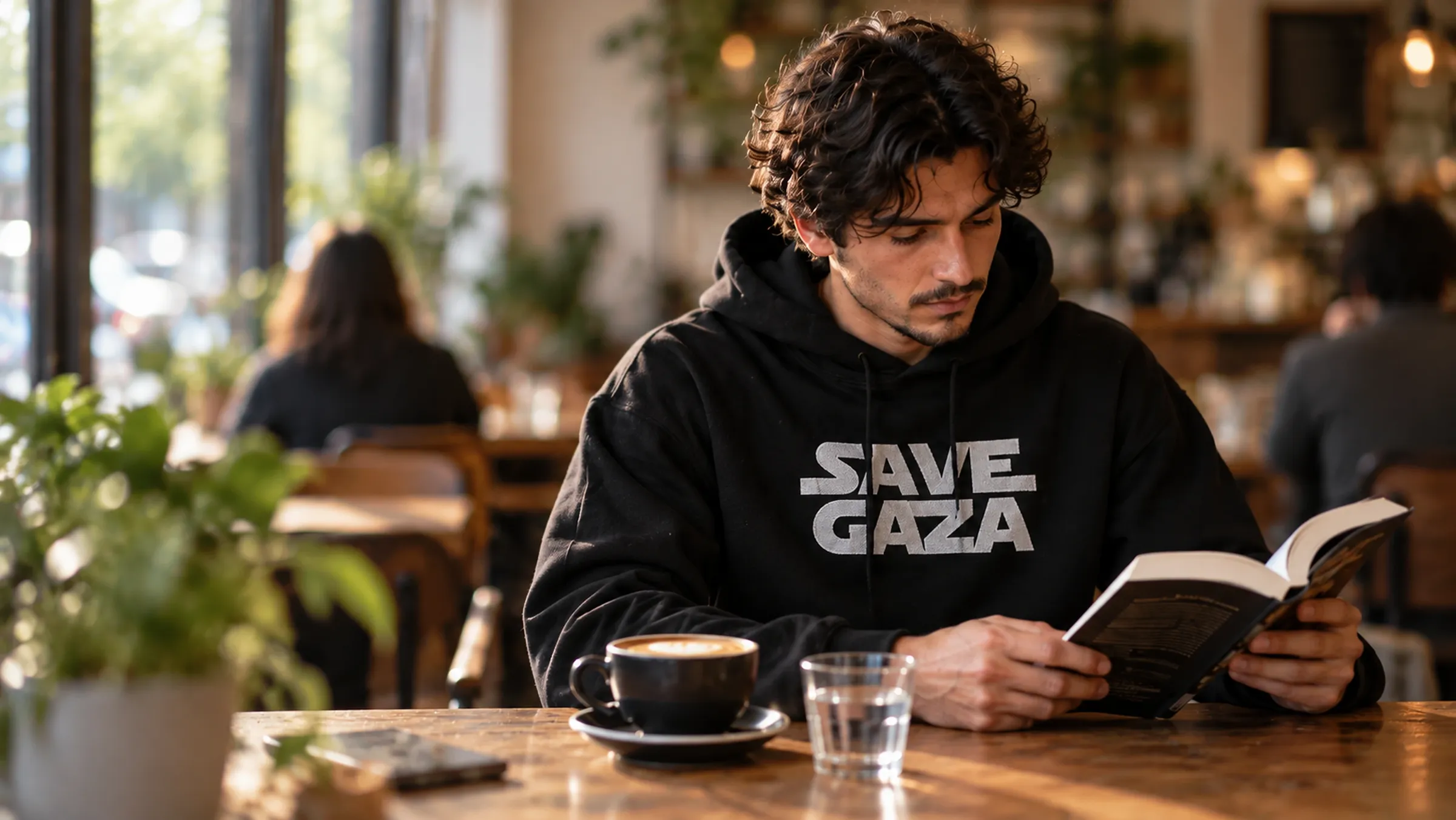A man reading in a sunlit café, wearing the black Save Gaza Bulky Hoodie